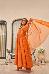 Women Orange Cotton Embroidery Discharge Print Kurta Pant and Dupatta set