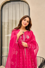 Women Pink Cotton Embroidery Discharge Print Kurta Pant and Dupatta set