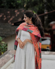Women White Cotton Chikankari Gown and Bandhez dupatta set