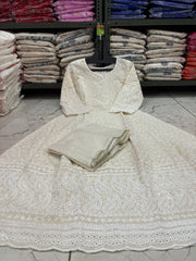 Women Premium White Cotton Chikankari Gown