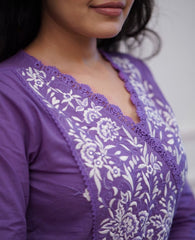 Women Purple Cotton Flower Embroidery Kurta Pant and Dupatta set
