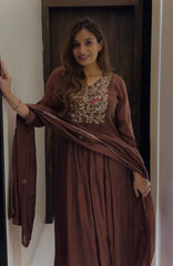 Women Rich Chocolate Brown Cotton Embroidery Kurta Pant and Dupatta set