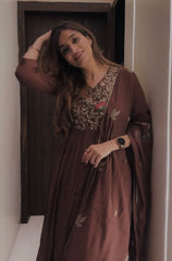 Women Rich Chocolate Brown Cotton Embroidery Kurta Pant and Dupatta set