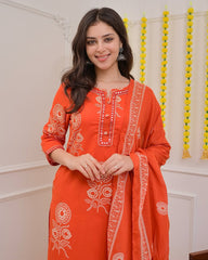 Women Saffron Cotton Discharge print Kurta Pant and Dupatta set