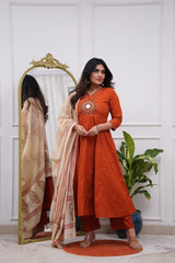 Women Rust Cotton Land Circle Kurta Pant and Dupatta set