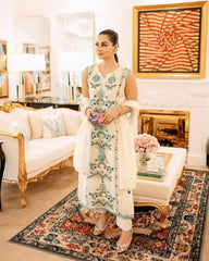 Women White Georgette Embroidery Kurta Pant and Dupatta set
