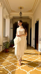 Women White Cotton Chikankari Sleeveless Kurta Pant and Dupatta set
