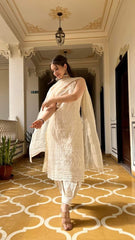 Women White Cotton Chikankari Sleeveless Kurta Pant and Dupatta set