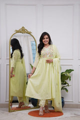 Women Yellow Cotton Anarkali Embroidery Kurta Pant and Dupatta set