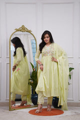 Women Yellow Cotton Anarkali Embroidery Kurta Pant and Dupatta set
