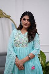 Women Blue Cotton Anarkali Embroidery Kurta Pant and Dupatta set