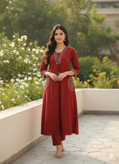 Women Red Cotton Embroidery Pocket Kurt and Palazzo set