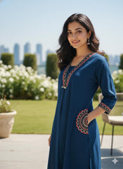 Women Blue Cotton Embroidery Pocket Kurta and Palazzo set