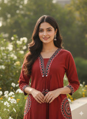 Women Red Cotton Embroidery Pocket Kurt and Palazzo set