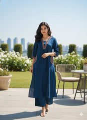 Women Blue Cotton Embroidery Pocket Kurta and Palazzo set