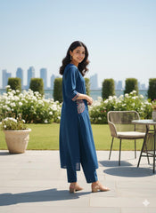 Women Blue Cotton Embroidery Pocket Kurta and Palazzo set