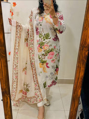 Women White Cotton Angrakha Style Kurta Pant and Mulmul Dupatta set