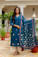 Women Blue Cotton Embroidery Flowers Kurta Pant and Dupatta set