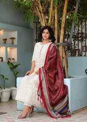 Women White Cotton Anarkali Kurta Pant and Maroon Dupatta set