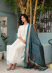 Women White Cotton Chikankari Anarkali Kurta Pant and Blue Dupatta set