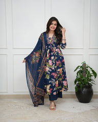Women Navy Blue Cotton Embroidery Neck Kurta Pant and Dupatta set