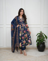 Women Navy Blue Cotton Embroidery Neck Kurta Pant and Dupatta set