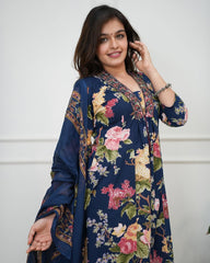 Women Navy Blue Cotton Embroidery Neck Kurta Pant and Dupatta set