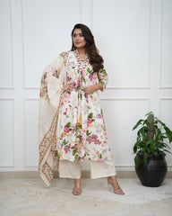 Women White Cotton Floral Print Kurta Pant and Mulmul Dupatta set