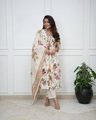 Women White Cotton Floral Print Kurta Pant and Mulmul Dupatta set