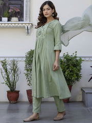 Women Green Cotton Embroidery Floral Yoke Kurta Pant and Dupatta set