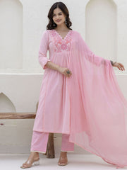 Women Pink Cotton Embroidery Floral Yoke Kurta Pant and Dupatta set