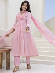 Women Pink Cotton Embroidery Floral Yoke Kurta Pant and Dupatta set