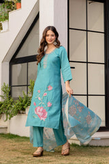 Women Pastel Blue Roman Silk Kurta Pant and Banasrsi Dupatta set