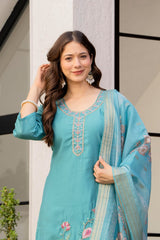 Women Pastel Blue Roman Silk Kurta Pant and Banasrsi Dupatta set