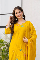 Women Yellow Roman Silk Kurta Pant and Banarsi Dupatta set