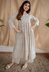Women White Cotton Umbrella Style Kurta Pant set