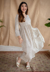 Women White Cotton Umbrella Style Kurta Pant set
