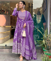 Women Purple Cotton Handwork Kurta Pant and Dupatta set
