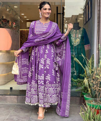 Women Purple Cotton Handwork Kurta Pant and Dupatta set