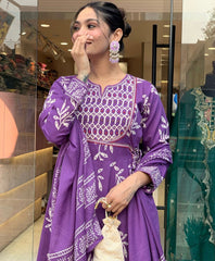 Women Purple Cotton Handwork Kurta Pant and Dupatta set