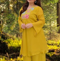 Women Yellow Cotton Embroidery Landscape Co-Ord set