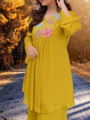 Women Yellow Cotton Embroidery Landscape Co-Ord set