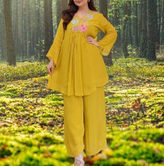 Women Yellow Cotton Embroidery Landscape Co-Ord set