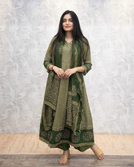 Women Green Cotton Angrakha Zigzag Kurta Pant and Dupatta set