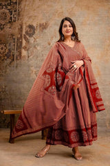 Women Red Cotton Angrakha Zigzag Kurta Pant and Dupatta set