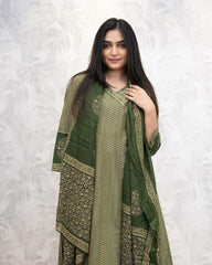 Women Green Cotton Angrakha Zigzag Kurta Pant and Dupatta set