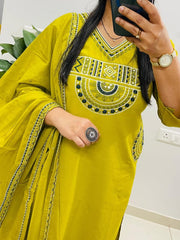 Women Greenish-Yellow Cotton Embroidery Yoke Pocket Kurta Pant and Dupatta set