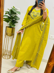 Women Greenish-Yellow Cotton Embroidery Yoke Pocket Kurta Pant and Dupatta set