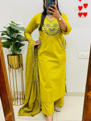 Women Greenish-Yellow Cotton Embroidery Yoke Pocket Kurta Pant and Dupatta set