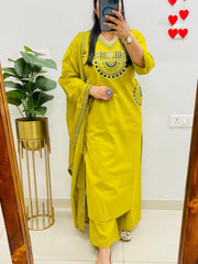Women Greenish-Yellow Cotton Embroidery Yoke Pocket Kurta Pant and Dupatta set